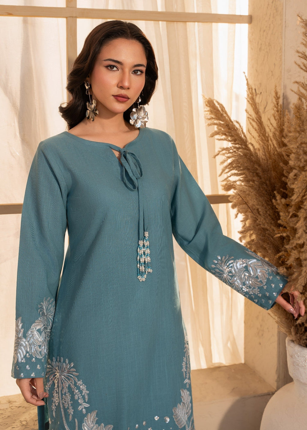 Embroidered Lawn Flapper Suit – Steel Blue, Summer Wear