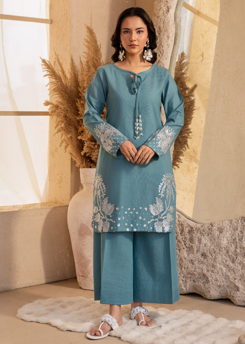 Embroidered Lawn Flapper Suit – Steel Blue, Summer Wear