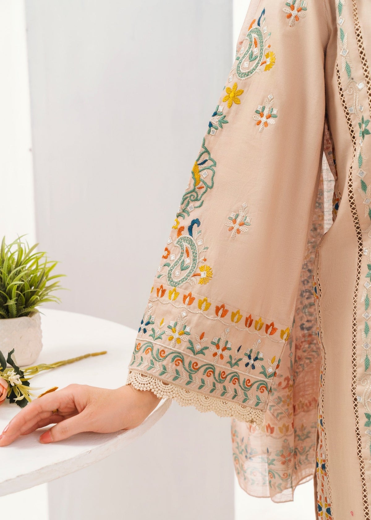 Embroidered Lawn 3-Piece Suit – Beige, Manaar Dupatta