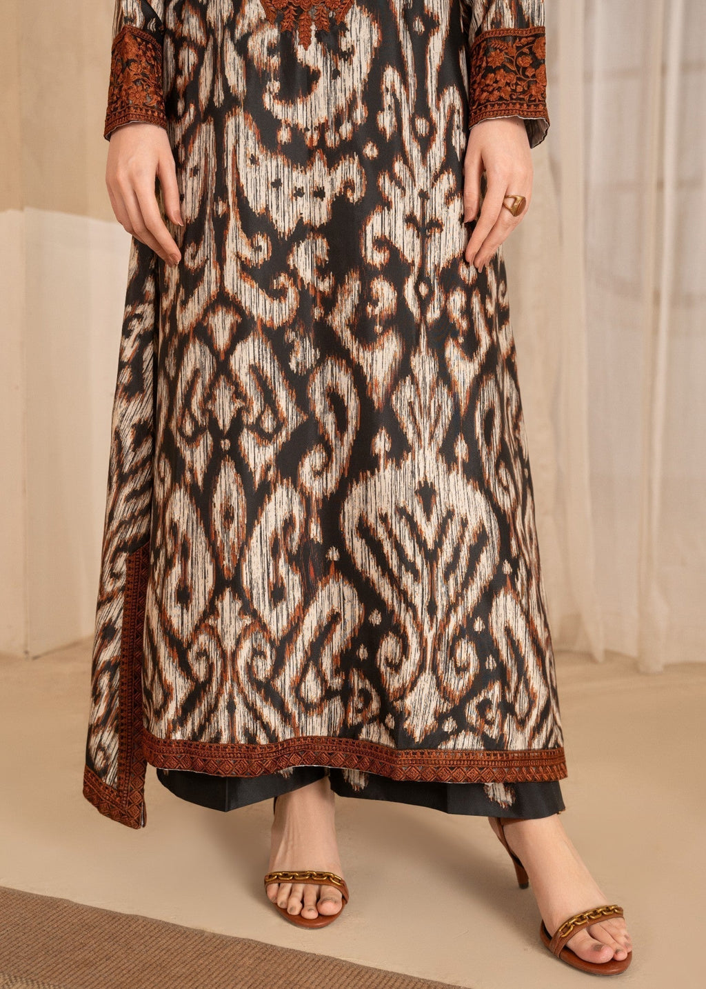 Embroidered Poly Silk A-Line Kurta 2-Piece Suit – Black, Burnt Umber, Khaki Brown