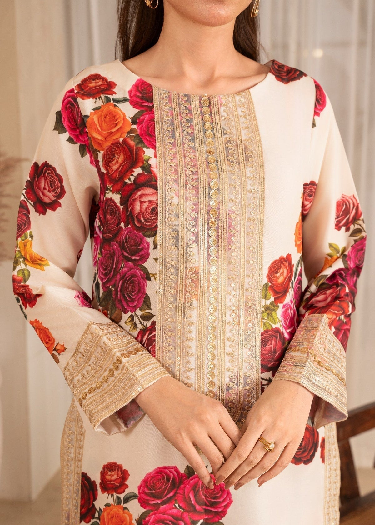 Printed Poly Silk Culottes Suit – Ivory, All Season