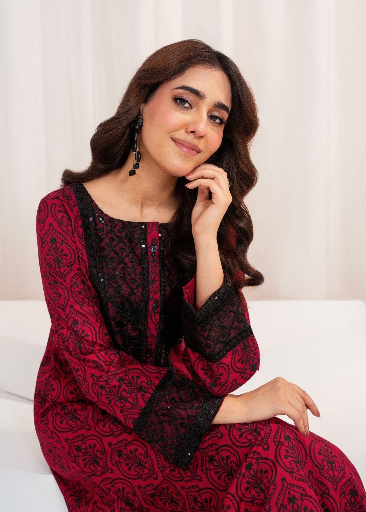 Embroidered A-Line Kurta Lawn 2-Piece Suit – Red, Summer Wear