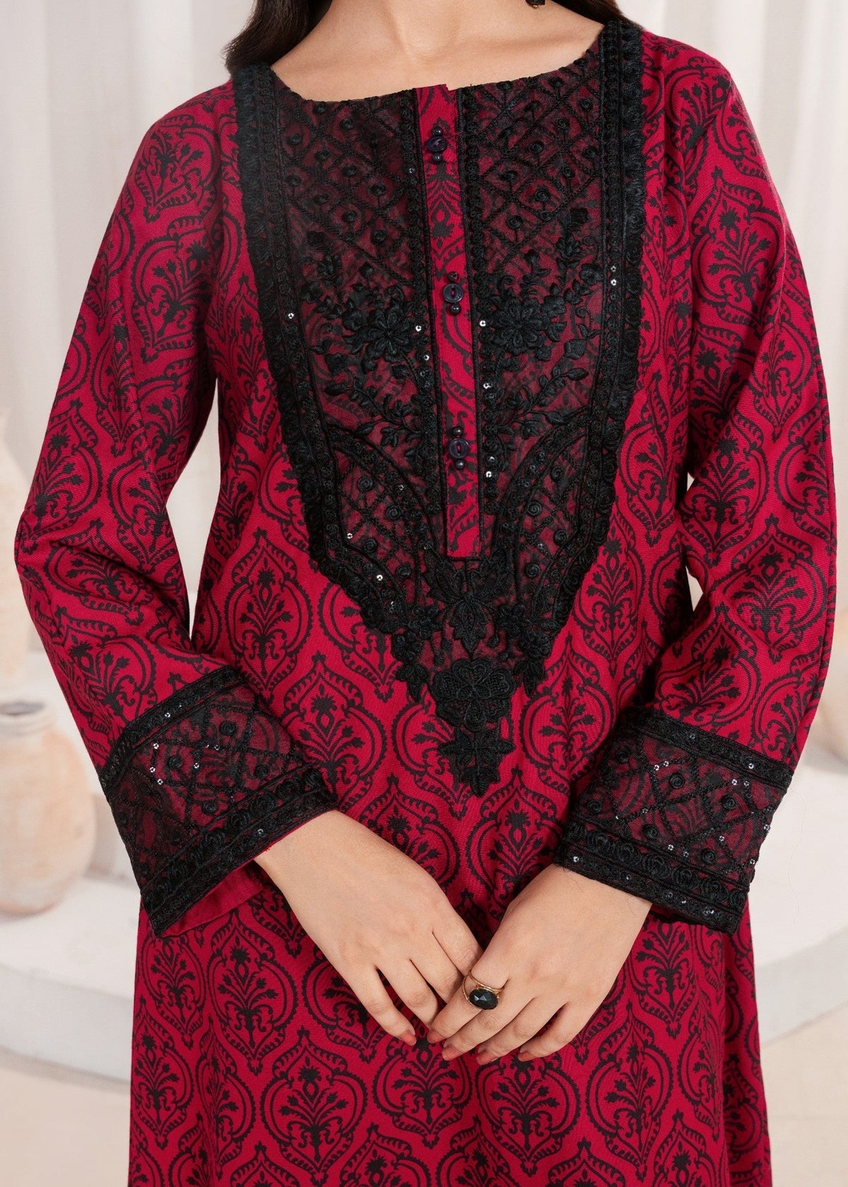 Embroidered A-Line Kurta Lawn 2-Piece Suit – Red, Summer Wear