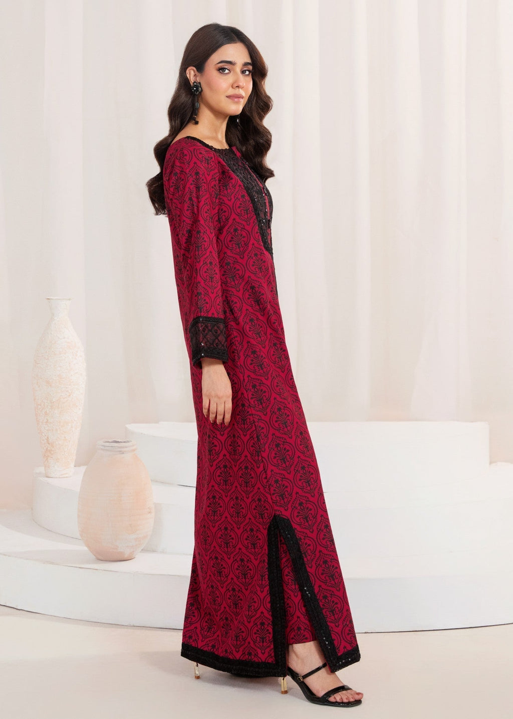 Embroidered A-Line Kurta Lawn 2-Piece Suit – Red, Summer Wear