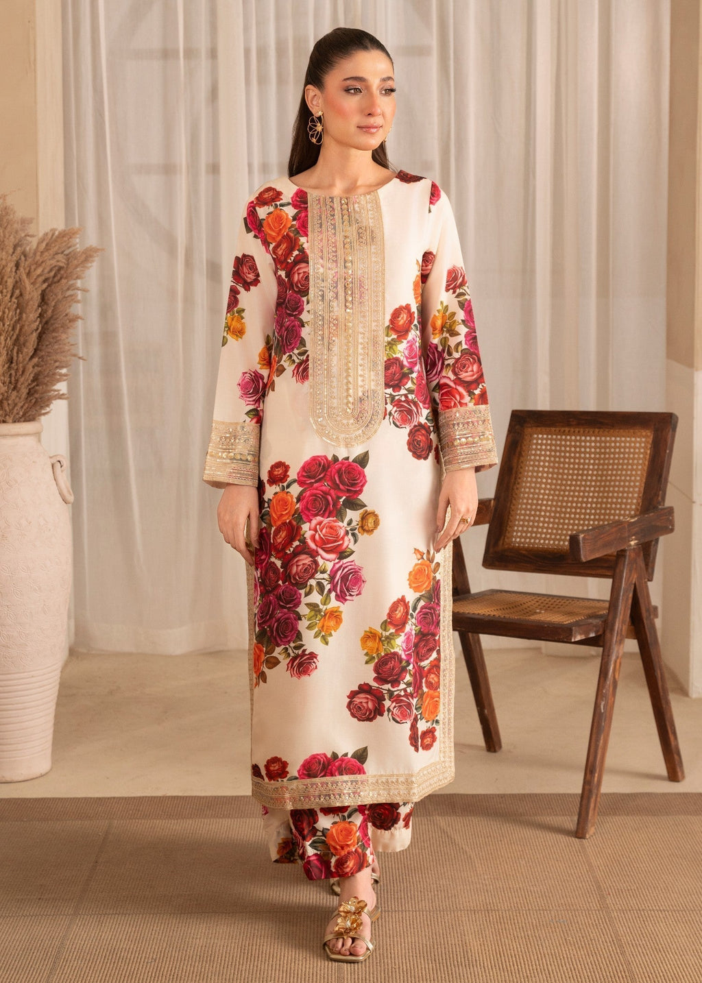 Printed Poly Silk Culottes Suit – Ivory, All Season