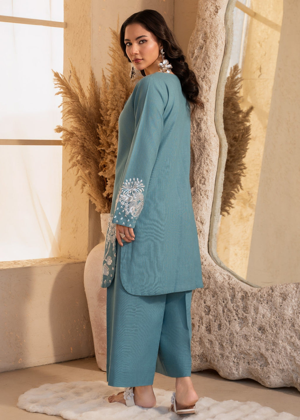 Embroidered Lawn Flapper Suit – Steel Blue, Summer Wear