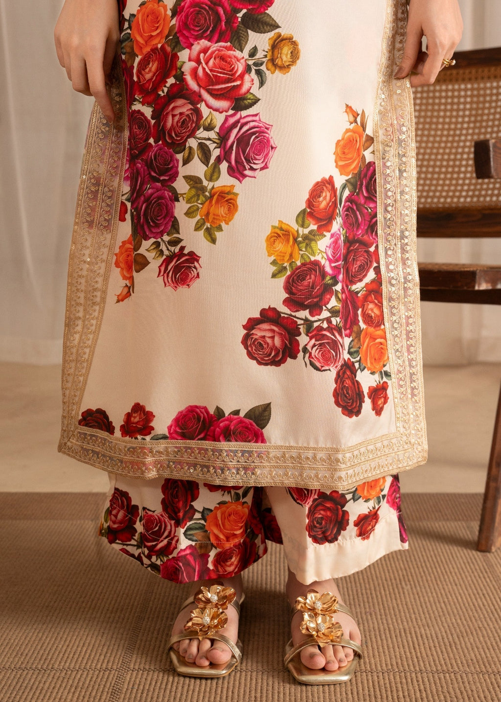 Printed Poly Silk Culottes Suit – Ivory, All Season