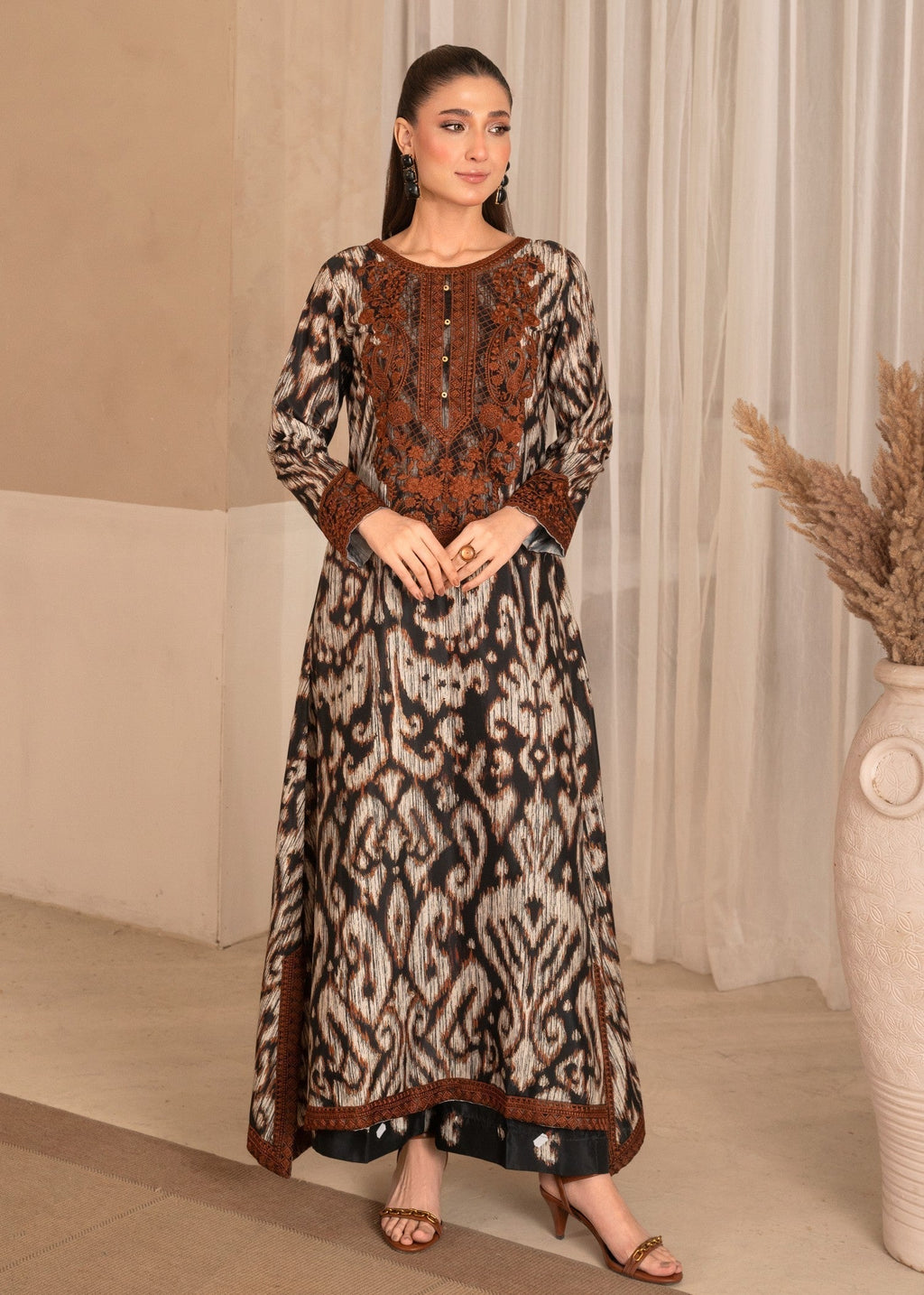 Embroidered Poly Silk A-Line Kurta 2-Piece Suit – Black, Burnt Umber, Khaki Brown