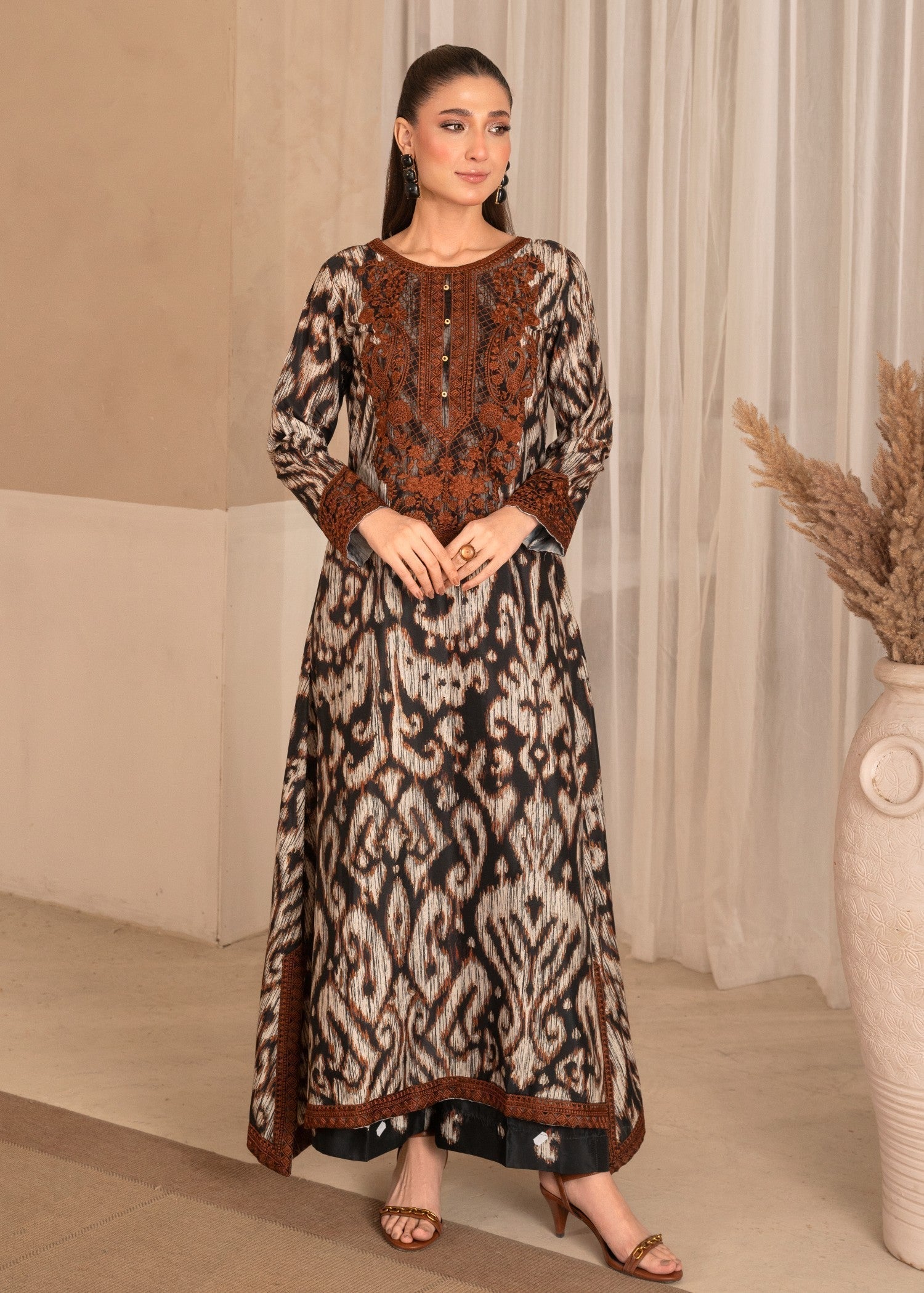 Embroidered Poly Silk A-Line Kurta 2-Piece Suit – Black, Burnt Umber, Khaki Brown